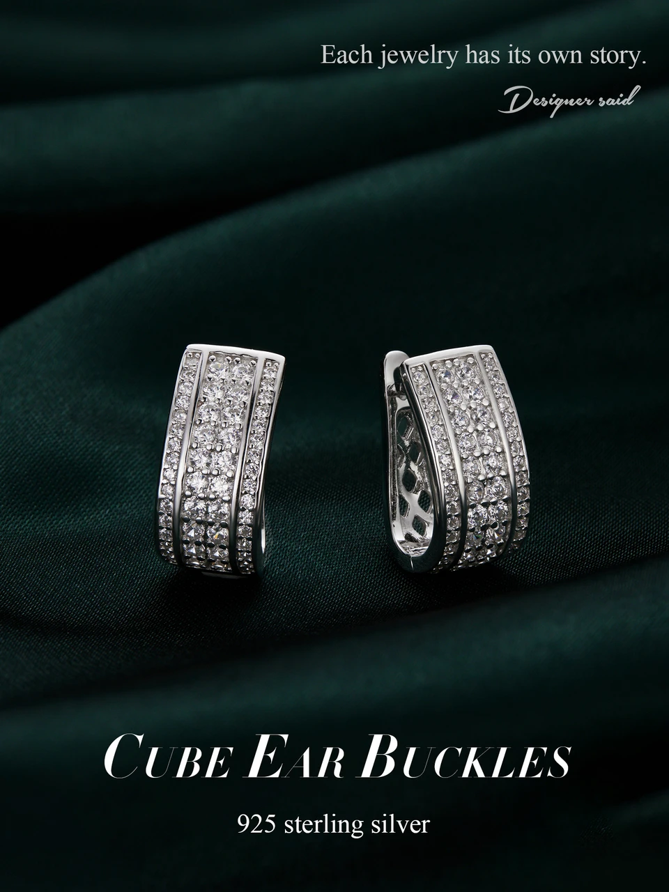 Sparkling Cube Ear Buckles, White Gold Plated Hypoallergenic