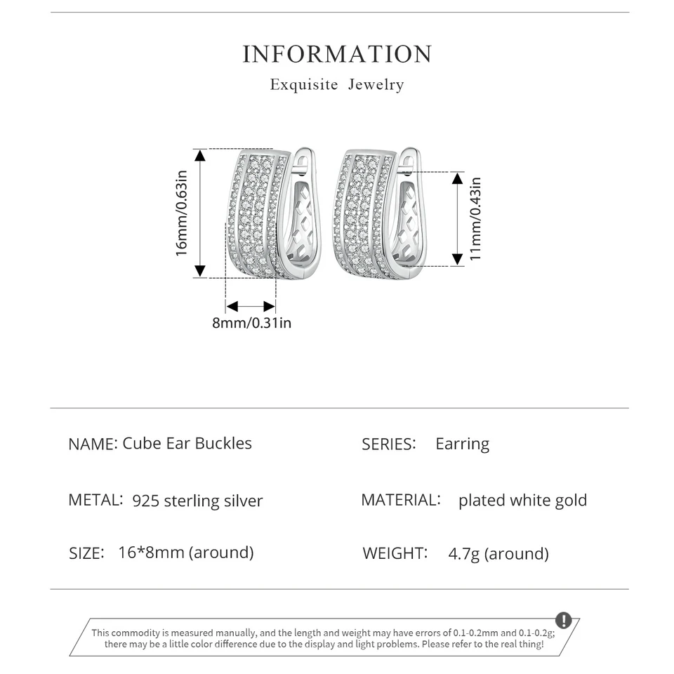 Sparkling Cube Ear Buckles, White Gold Plated Hypoallergenic