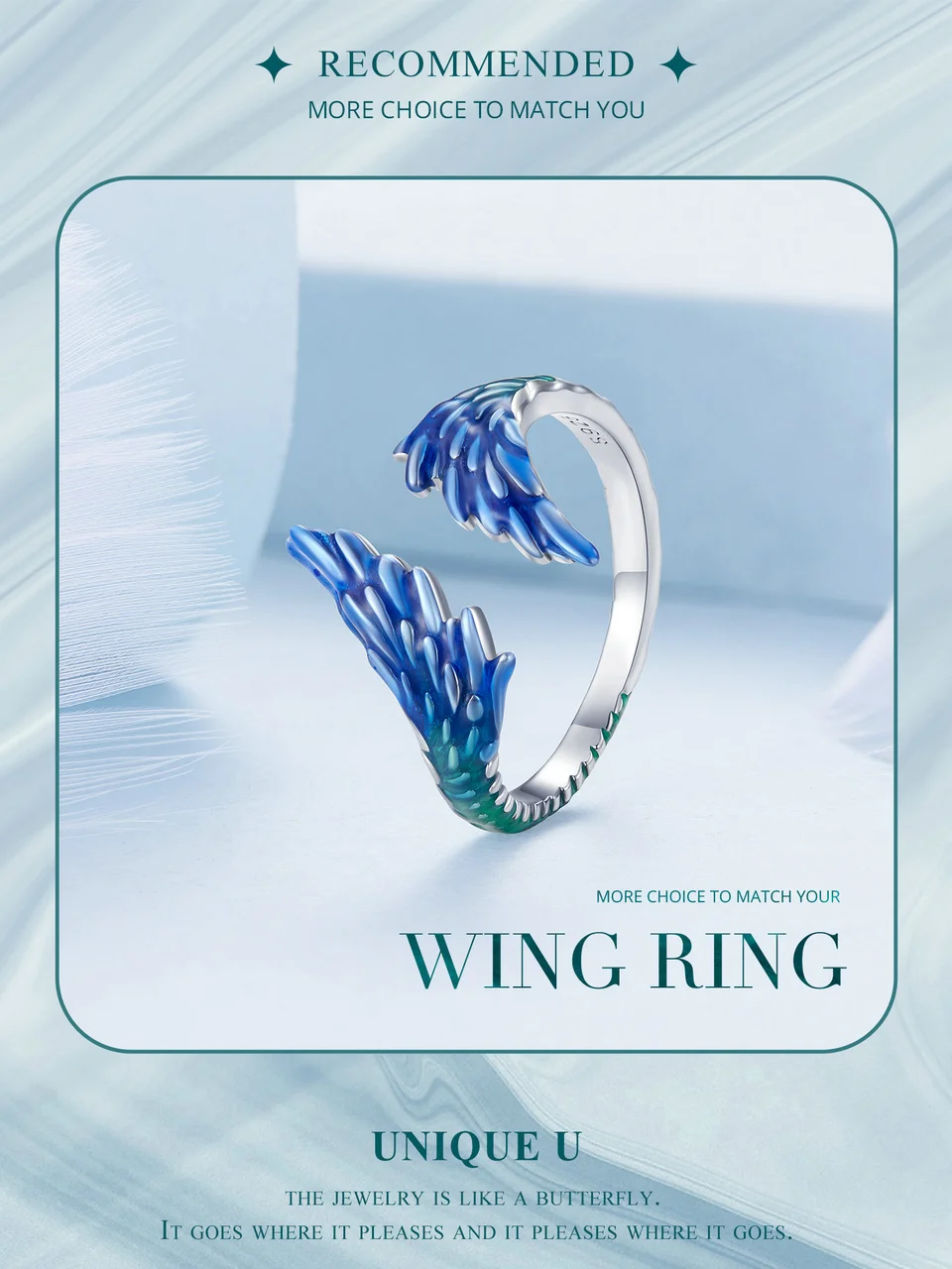 Wing Ring Blue Enamel
